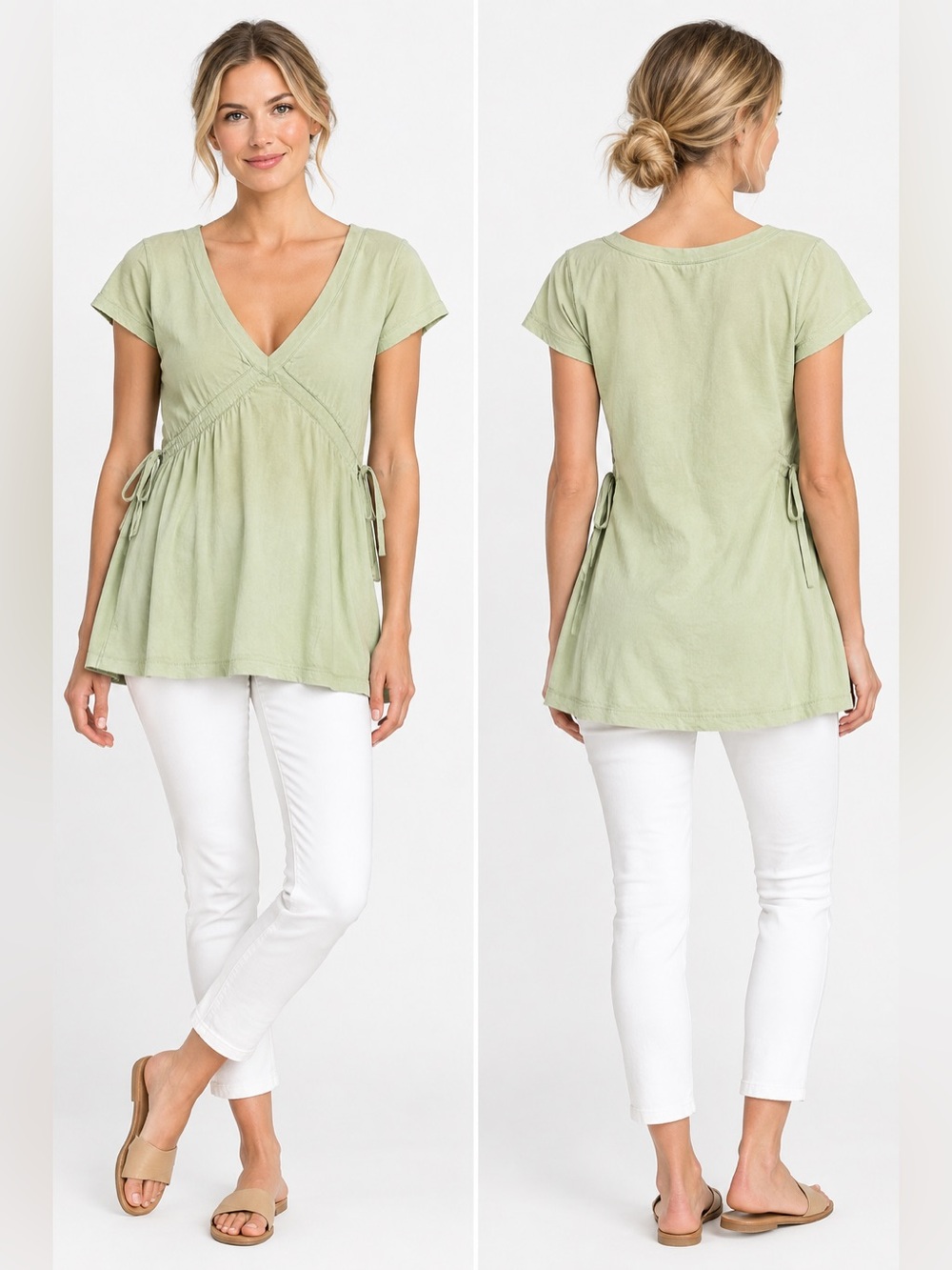 Rebecca Beeson Light Lime Green V-Neck Side Tie Tunic Top Size S